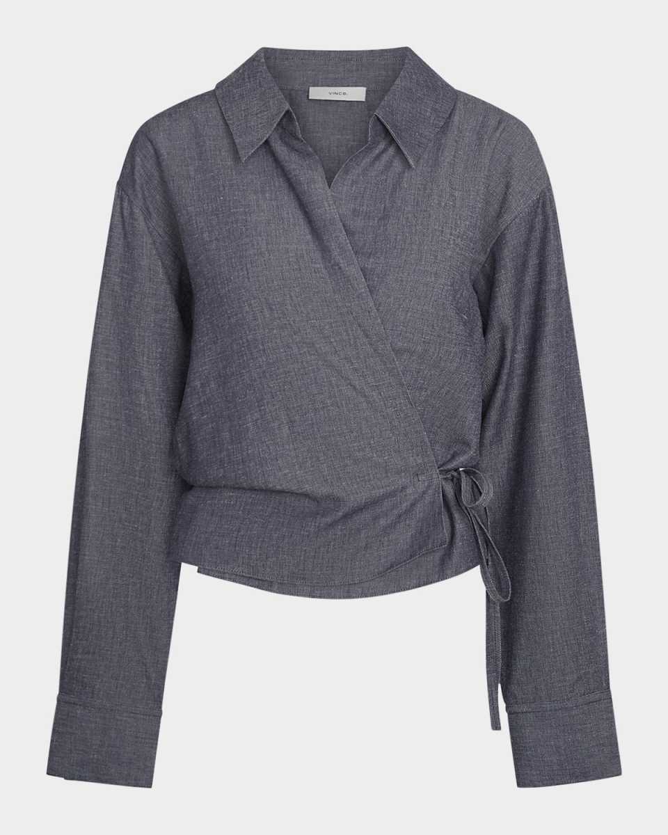 Collared Linen-Blend Wrap Top